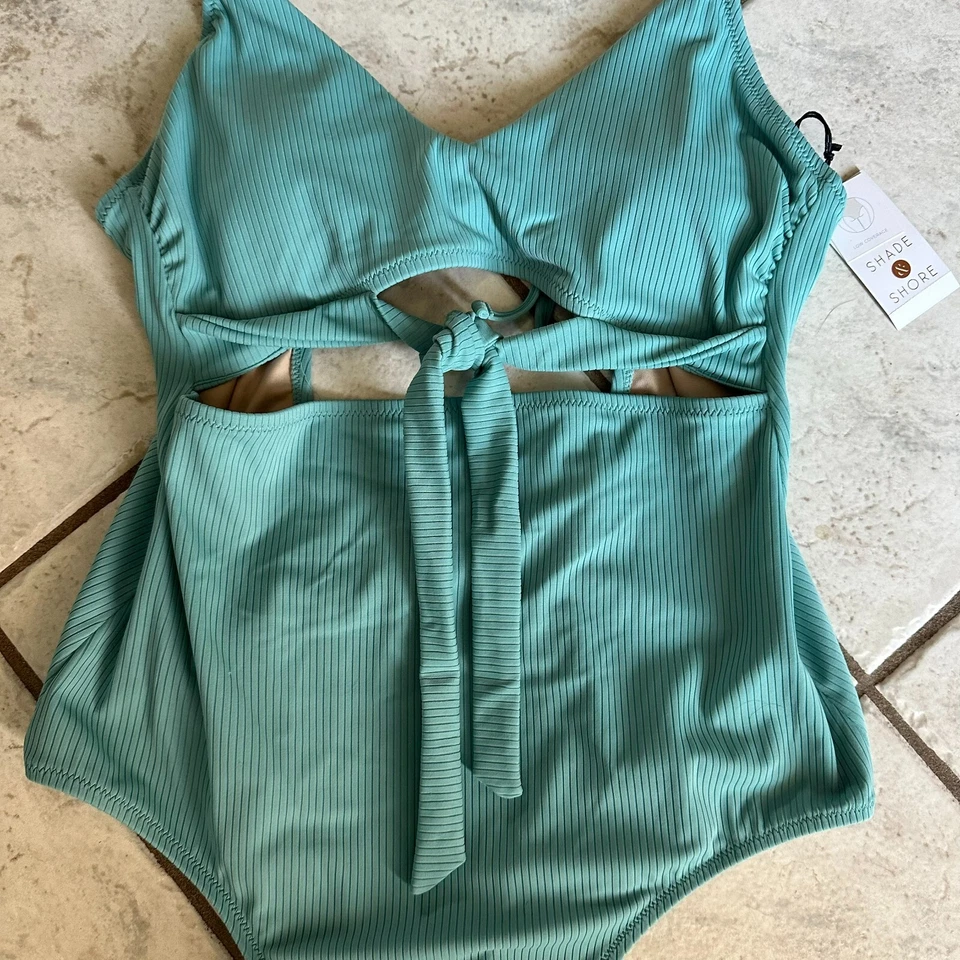 Traje de baño Shade & Shore mujer L 12/14 verde azulado acanalado corbata delantera nuevo con etiquetas Foto 4 de 4