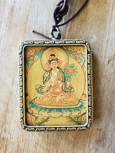 Collar Pintado a Mano Blanco Tara Miniatura Thangka Arte Budista Tibetano Pintura - Imagen 1 de 6