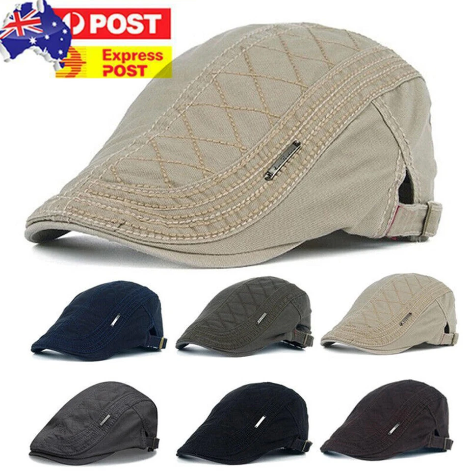 Retro Men Cotton Ivy Flat Cap Newsboy Adjustable Beret Cabbie Gatsby Driving Hat