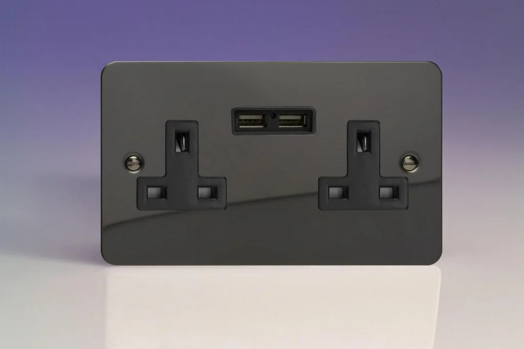 13A Socket Iridium + USB 2-Gang Ultraflat Black Insert Varilight XFI5U2B