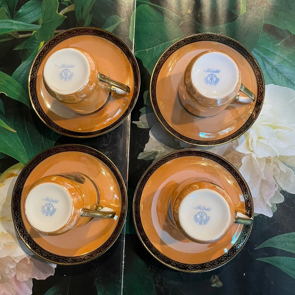 Antique Noritake Luster Ware Hand Painted Floral Demitasse 4 Sets Cups & Saucers - Image 4 of 4