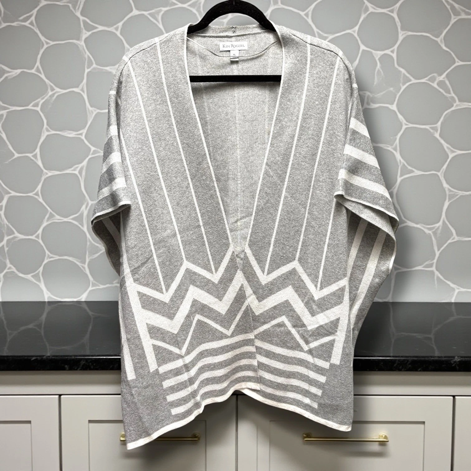 Kim Rogers Womens Grey White Geometric Cotton Knit Open Front Poncho Sweater XL