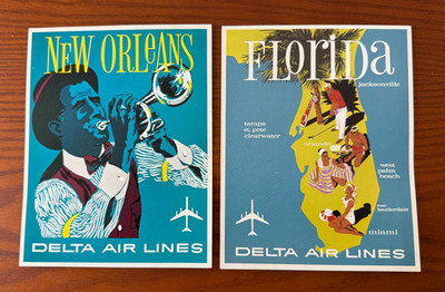 DELTA AIR LINES, VINTAGE 7 X 5 1/2 POSTCARDS - FLORIDA & NEW ORLEANS-UNUSED