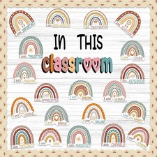 Bulletin Board Decorations, Boho Classroom Decor Set, 43 Pack Boho Rainbow Mo...
