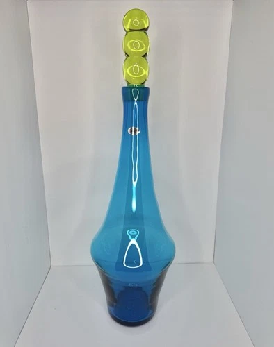 Blenko Glass 2435 Pewpewpew Decanter In Turquoise 27” W/absinthe Stopper & Label