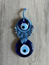 Evil Eye Glass Wall Hanging Ornament Handmade Macrame Blue Eye Bead Nice Cond.