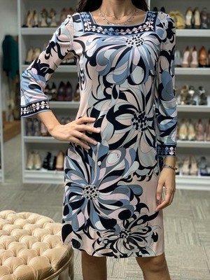 Emilio Pucci Kleid Weiß Blumenmuster Seide Stretch Florenz Größe 42 S M