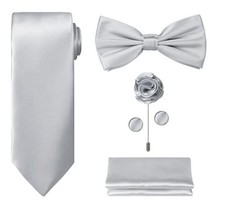 TIE G 5pcs Tie Set in WHITE OR BLACK GIFT BOX: Solid Color Necktie, A-silver