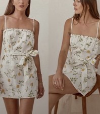 Reformation Lemon Branch Floral Mini Babydoll Dress With Tie Size Small 100%