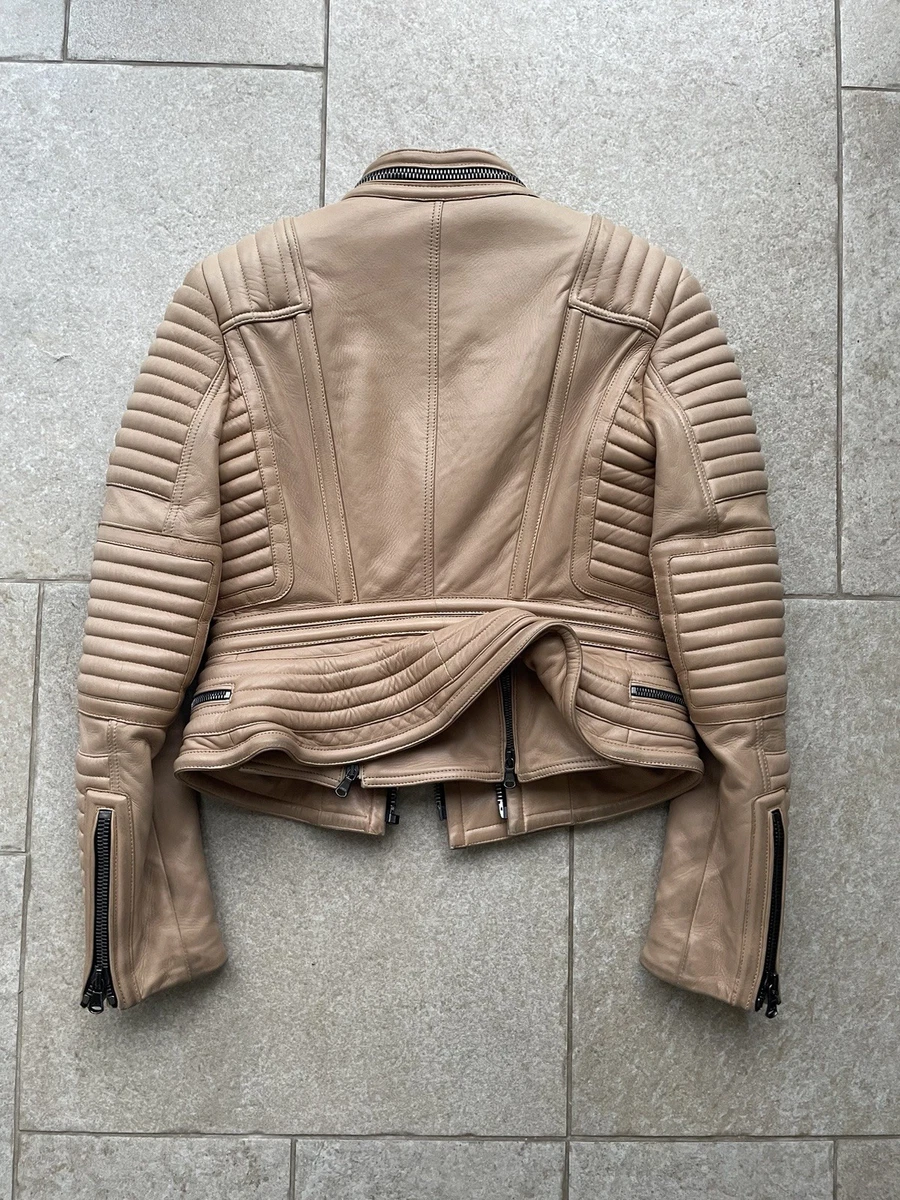 Chaqueta de motociclista acolchada de cuero beige Burberry Prorsum para mujer bolsillos con cremallera completa XS