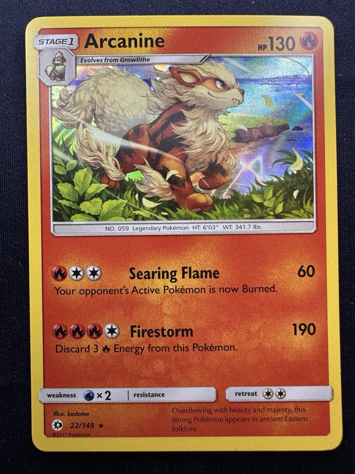 Arcanine 22/149 Holo Rare Sun & Moon Base Set Pokémon Card LP+ FREE SHIPPING B
