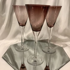 Amethyst Bowl Clear Stem Blown Glass 8.9” Champagne Flutes - Set of 3