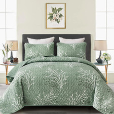 Sage Green Quilt Set King Size - Branch Botanical Pattern Bedspread Coverlet Set