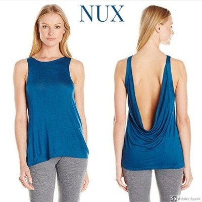 Nux Take It Easy Tank Top Size XL Blue Draped Open Back Yoga Athletic Activewear