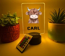 UV Printed Highland Cow Light Up, Personalized FREE,Animal LED Lamp Kid Friendly