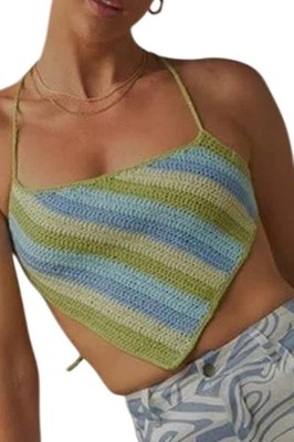 Peppermayo Cancun Crochet Halter Top Womens S/M Blue Green Stripe PM-DF-03 Boho
