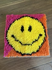 Vintage Smiley Face Latch Hook Wall Art Hanging Groovy 13X13