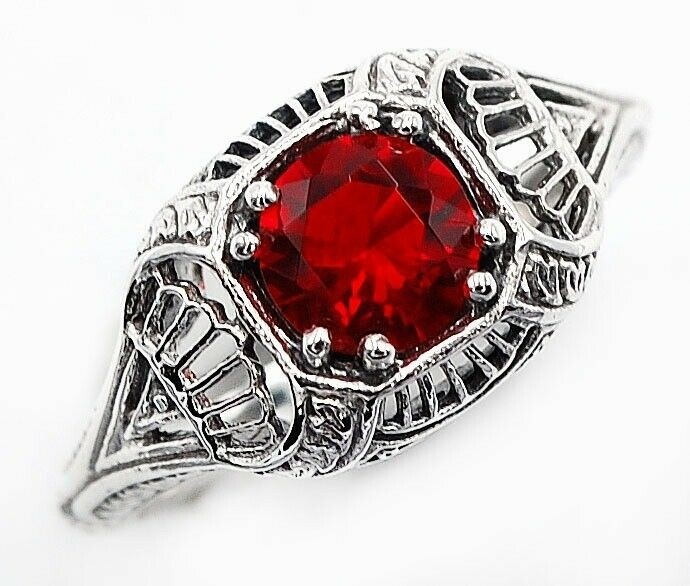 1CT Fire Garnet 925 Solid Sterling Silver Filigree Ring Jewelry Sz 7 Z6-1