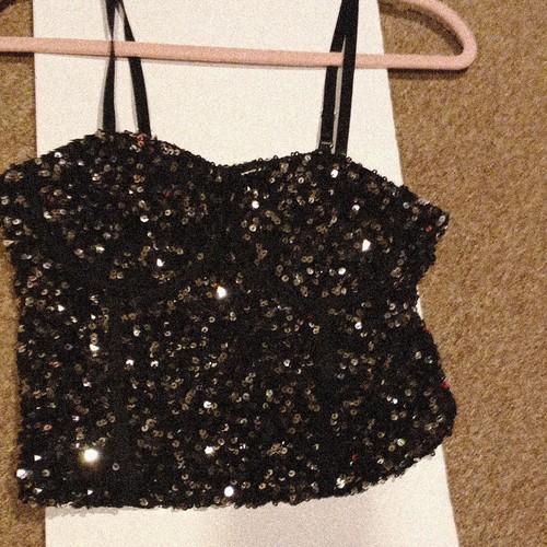 No Boundaries Women's Black Sequin Bustier Corset Top Spaghetti Strap M 8-10