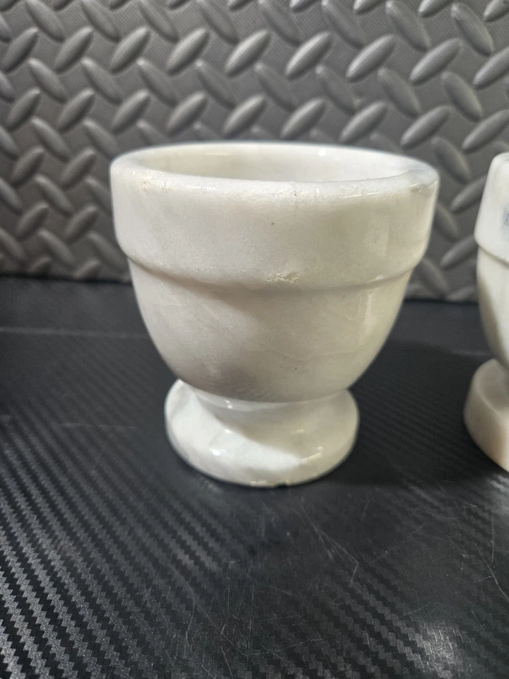 Lot Of (2) Vintage White/Grey Solid Marble Apothecary Mortars 4" - Image 3 of 4