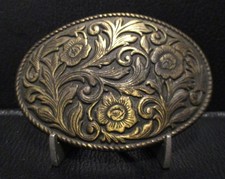 Woman or Kid Western Style Belt Buckle Goldtone FLoral Scrolls Rodeo Collectible