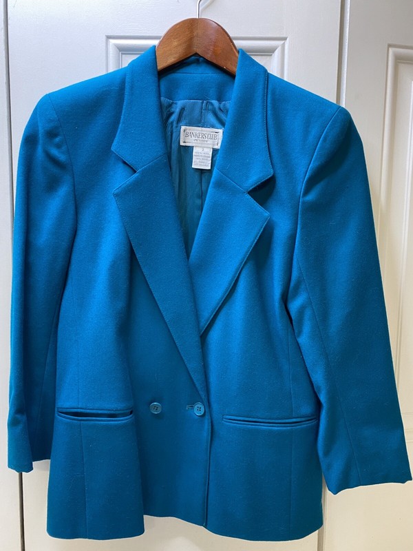 Vtg Classy Bankers Club Blue 100% Wool Blazer Lined 3/4 Sleeves sz 2