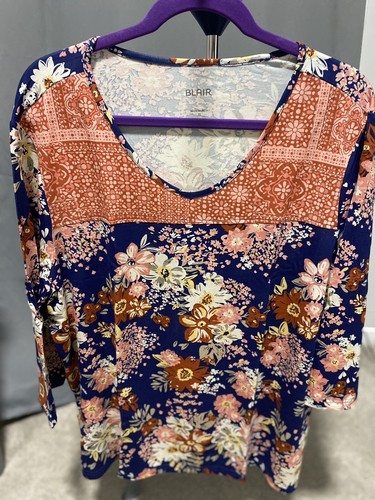 BLAIR Women's 3XL Blue\orange\pink Floral 3\4 Sleeve Rayon Blend Pullover Shirt - 第 1/8 張圖片