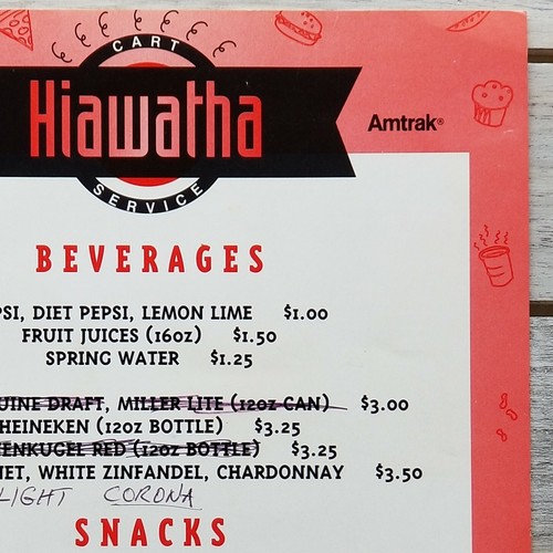 Vtg HIAWATHA MILWAUKEE-CHGO TRAIN Drinks Snacks SIGN MENU 86 Door County Chips ☹ - Picture 6 of 12