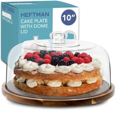 HEFTMAN Acacia Wood Cake Plate Clear Dome Lid Pastry Stand Non-slip Dessert 10"
