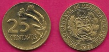 PERU 25 CENTAVOS 1971 UNC NATIONAL ARMS WITHIN CIRCLE,DATE BELOW,VALUE TO THE LE