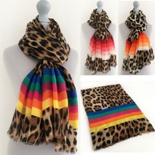 Ladies Large Leopard Print Scarf Animal Rainbow Striped Bright Shawl Wrap Long