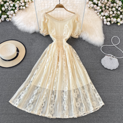 Lady Short Sleeve Floral Lace Dress Midi Swing Flare Evening Party Cocktail  Cute | eBay