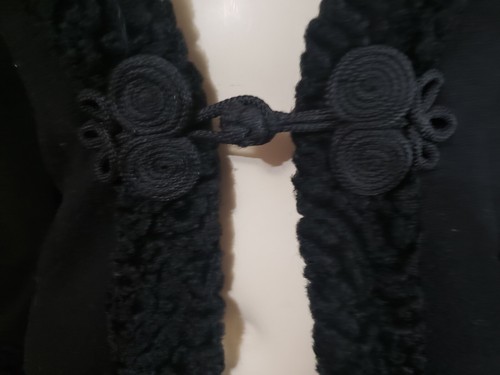 Unique Vintage Women Black Wool Trench Coat M(8/10) Embroidered Trim Buttons MST - Picture 3 of 9