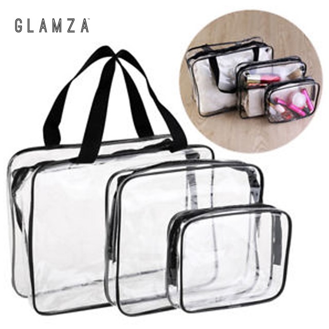 3pc Transparent Travel Bag Set Airport Cosmetic Makeup Toiletry Clear