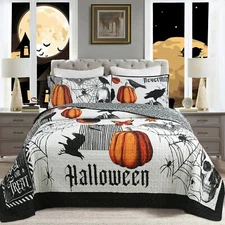 3 Pcs Halloween Themed Quilt Bedspread Set Cozy and Spooky Pumpkin Ghost ME500