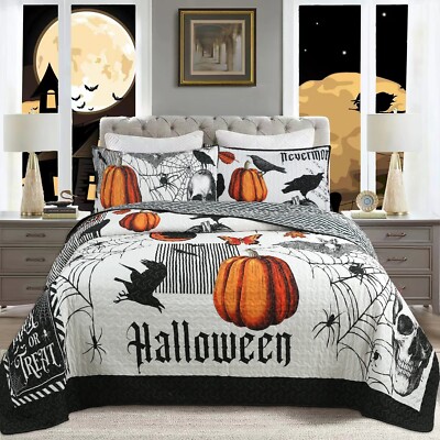 3 Pcs Halloween Themed Quilt Bedspread Set Cozy and Spooky Pumpkin Ghost ME500