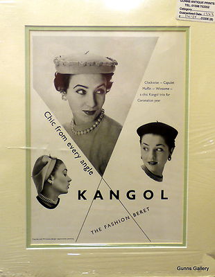 Original Vintage Passepartout Werbung Kangol Chic Hüte und Baskenmützen Damenmode 1949