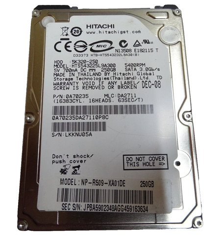 250 GB SATA NOTEBOOK HDD HITACHI HTS543225L9A300 SN: LKKNU05A #NFP993