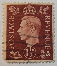 Postage Revenue ~ King George VI ~ Brown 1½D Stamp ~ Posted/Used ~ c.1940's ~ U1