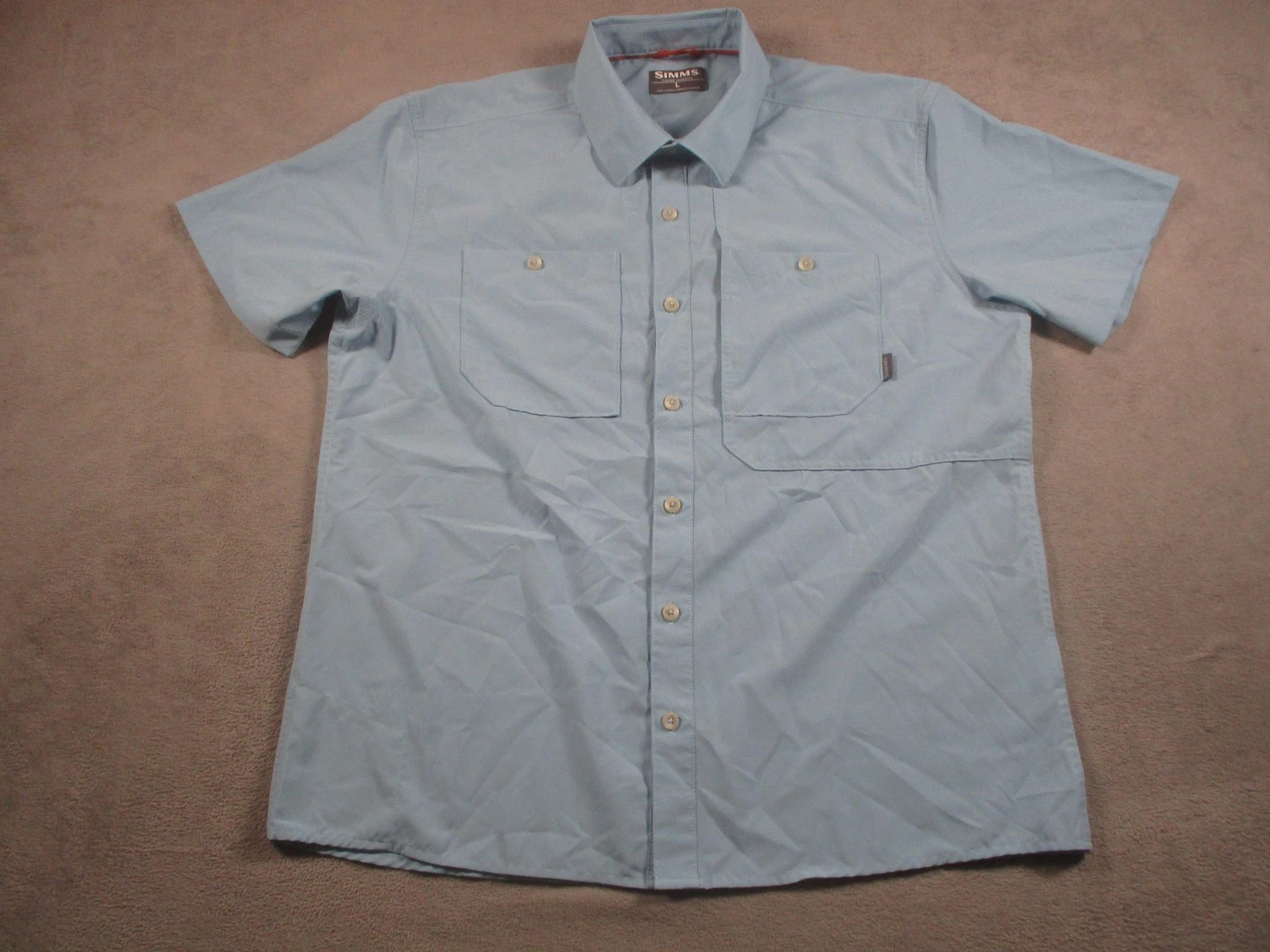 Simms Fishing Shirt Mens Large Short Sleeve Button Up Outdoor Pockets Casual