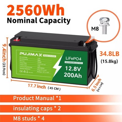 12V 200Ah LiFePO4 Lithium Battery Deep Cycle Built-in BMS for Solar RV Off-Grid