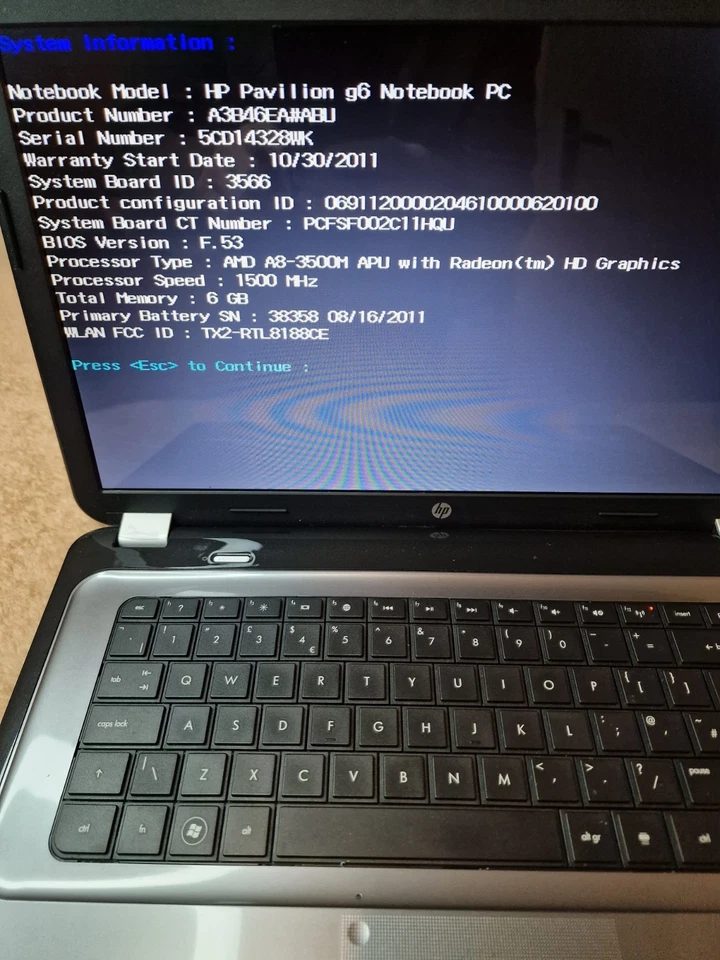 HP Pavilion G6 AMD A8-3500M 6Gb Ram 1.5GHz No Hdd Power On Tested Only Read Desc - Image 2 of 4