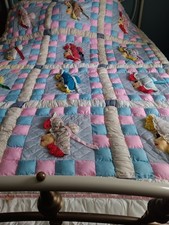 Girls Crib Quilt Hand made Quilted Patchwork Dolls Applique Pink Blue Gray White