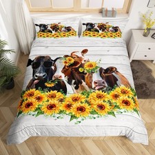 3D Cows Bedding Set Twin Size for Kids Boys Bedroom,Yellow Sunflowers Bed Duv...
