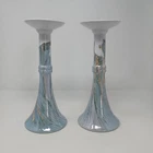 Vintage 10" Haeger Candlesticks, Blue Iredescent Glaze, Small Superficial Crack