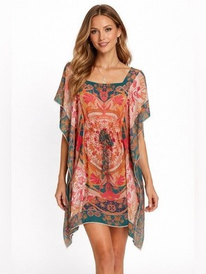 BCBGMAXAZRIA Inesa Floral Kaftan Tunic Kimono Coral Print Mini Dress Size XS