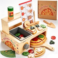 Wooden Pizza Toy, Wooden Pizza Counter Playset with Bake Oven, Montessori Preten