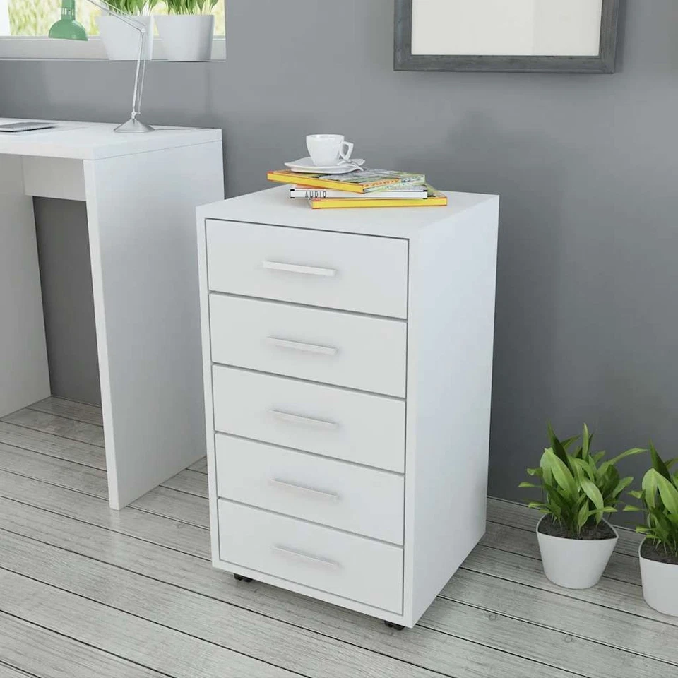 Caisson à Tiroir de Bureau avec Roulettes et 5 Tiroirs Armoire Blanc vidaXL - Photo 1/4
