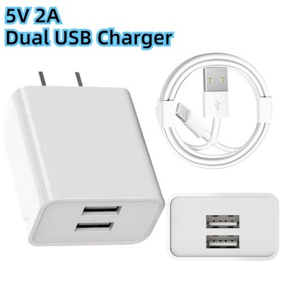 Dual USB Port 5V 2A Charger Power Adapter Cable For iPhone 14 13 12 11 Pro XR 8