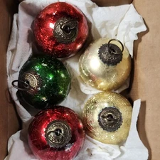 Antique German Mercury Glass Ornament Set 71mm Crackle Kugel Style Brass Caps